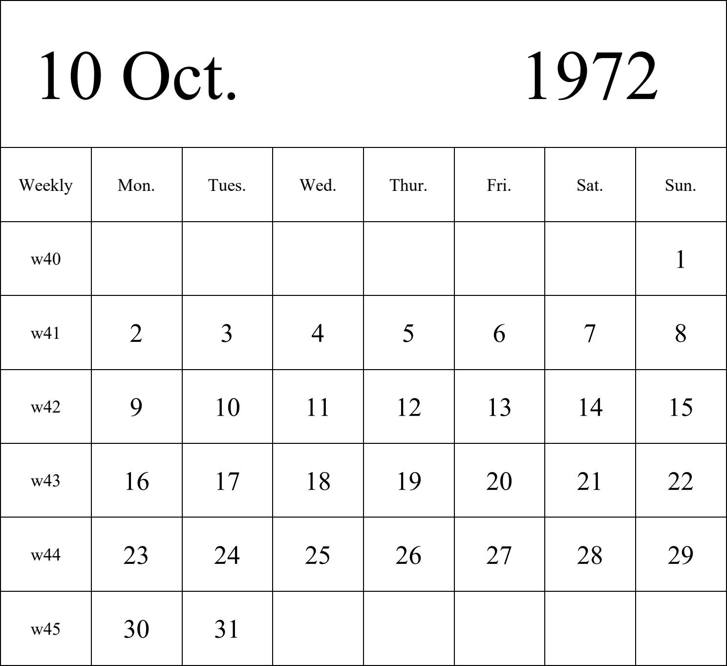 日历表1972年日历 英文版 纵向排版 周一开始 带周数